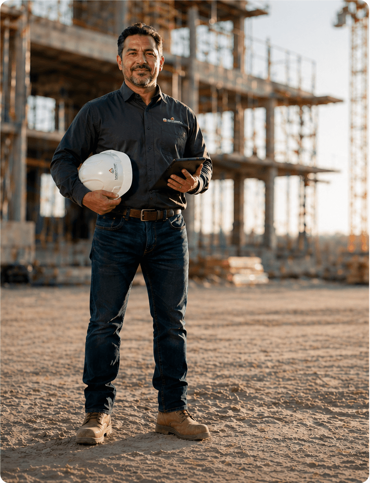 Contractor holding a hard hat and tablet at a construction site