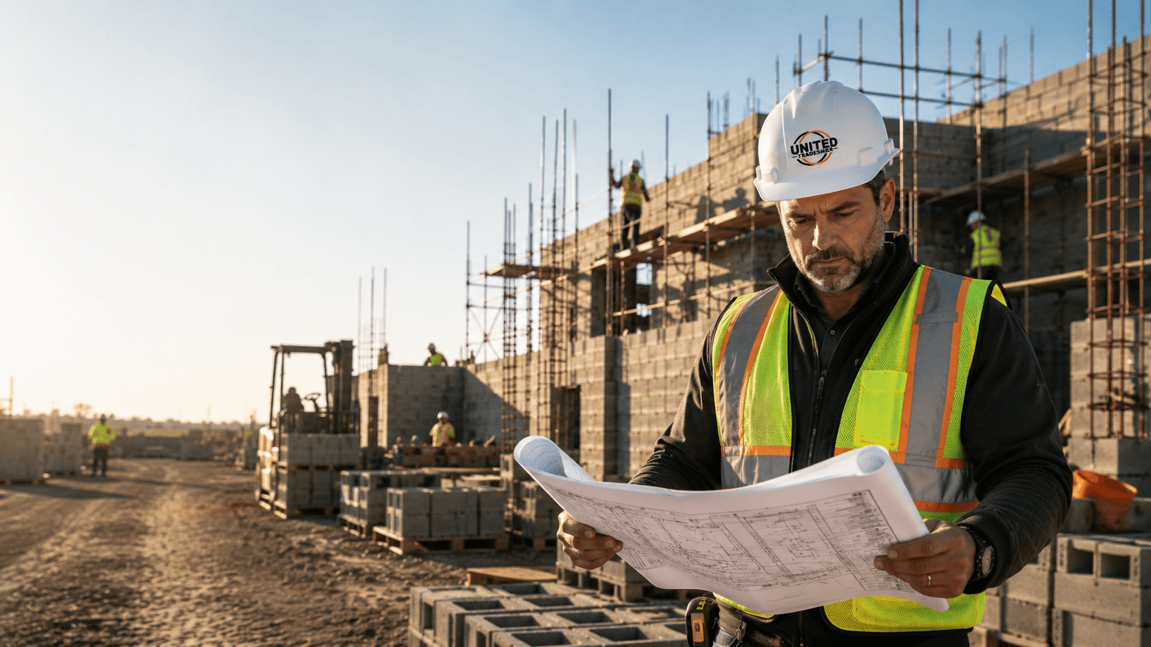 Contractor reviewing blueprints on a construction site