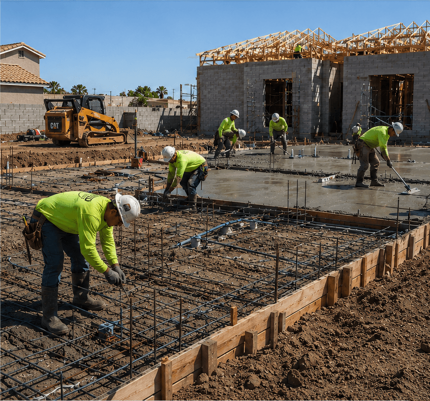 Construction crew preparing a concrete foundation