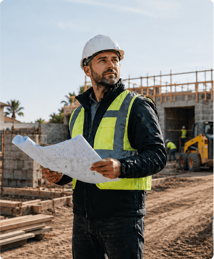 Contractor reviewing plans at a construction site